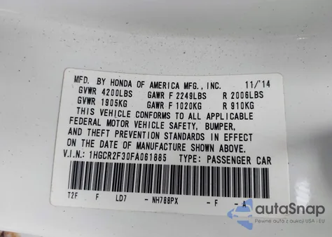 2015 Honda Accord Lx from USA, damaged, VIN 1HGCR2F30FA061885